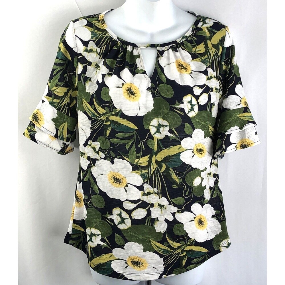 NY 7th Ave Boho Keyhole Top S Colorful Tropical Floral 1/2 Layered Bell Sleeve
